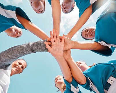 Buy stock photo Motivation hands, team support and sports game at school, partnership in winning sport competition and trust in teamwork. Athlete celebration, achievement and collaboration at event from below