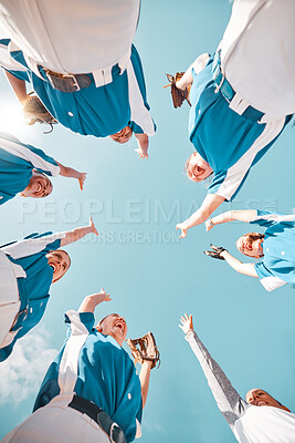 Buy stock photo Celebration hands, baseball and winner team support at sports game, partnership in sport competition and trust in teamwork against blue sky. Athlete happy, achievement or collaboration event below