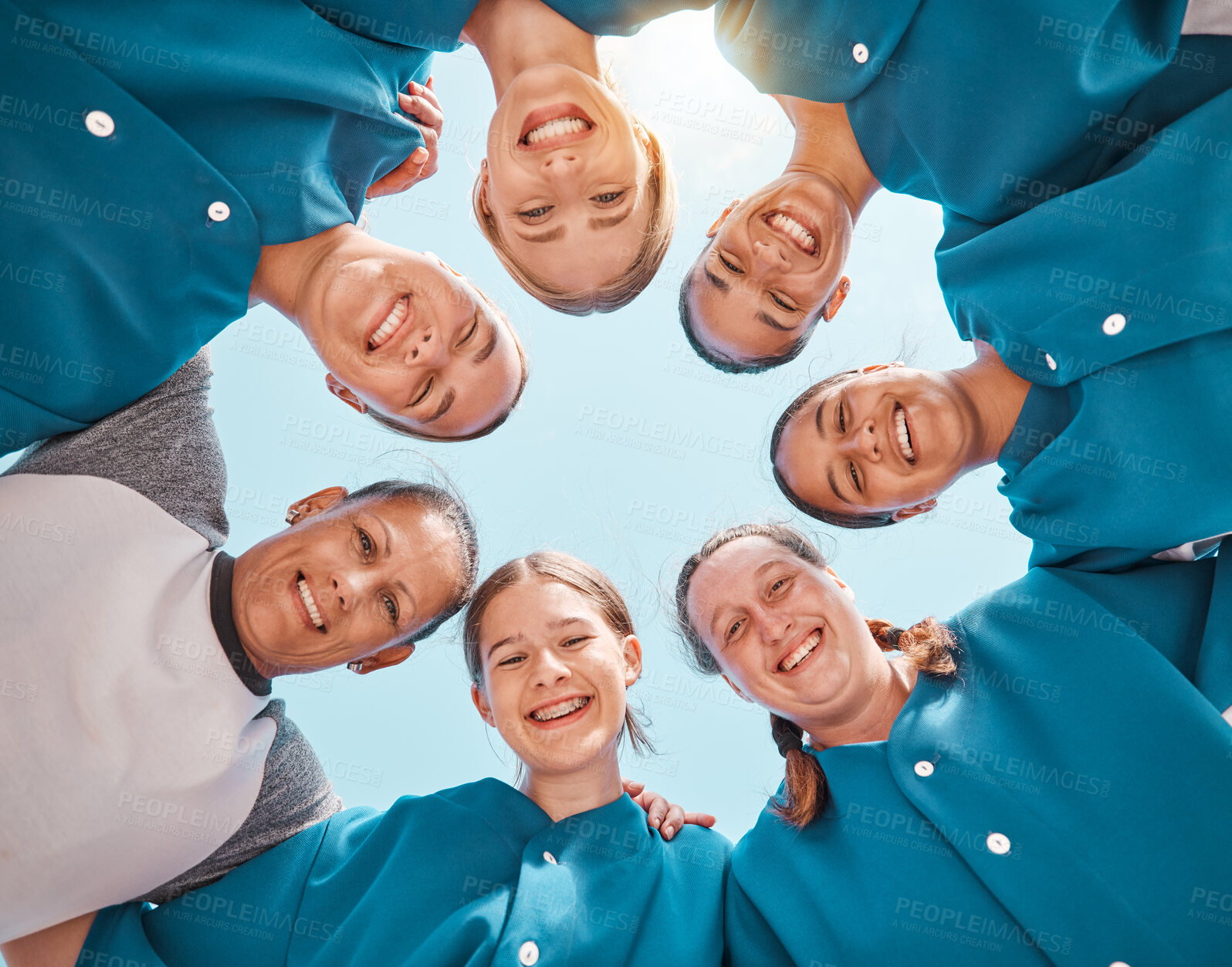 Buy stock photo Baseball, team and coach with happy smile together with support, collaboration and success through teamwork. Portrait of a group of sports athletes and their leader  with trust, faith and solidarity