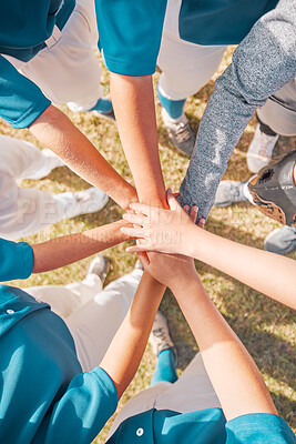 Buy stock photo Support hands, team motivation and sports baseball game on field, collaboration in teamwork and people with trust at sport event. Athlete with solidarity and faith together as team for competition