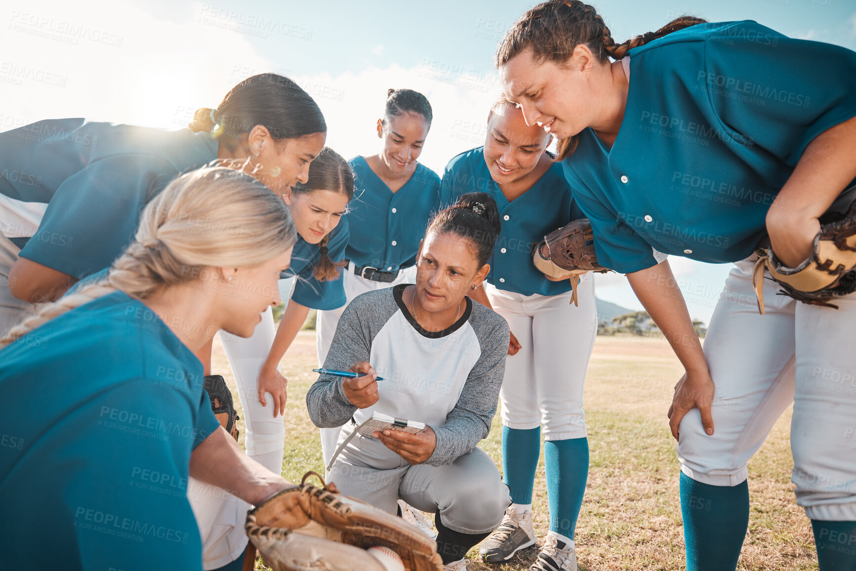 Buy stock photo Coach of girl team in softball, planning with players before match or game. Trainer of woman baseball squad in huddle, talk on teamwork and strategy, motivation to win sport tournament or trophy