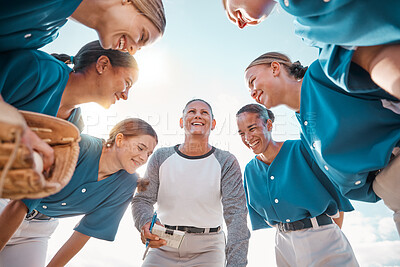 Buy stock photo Women, baseball and team with coach smile, happy and support during conversation on game strategy or sports from below with blue sky. Teamwork, collaboration and coaching to win, success and winner