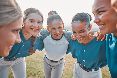 Buy stock photo Teamwork, support and sports with women baseball athlete in planning crowd for collaboration, community and strategy. Vision, motivation or training with group of softball player for success exercise