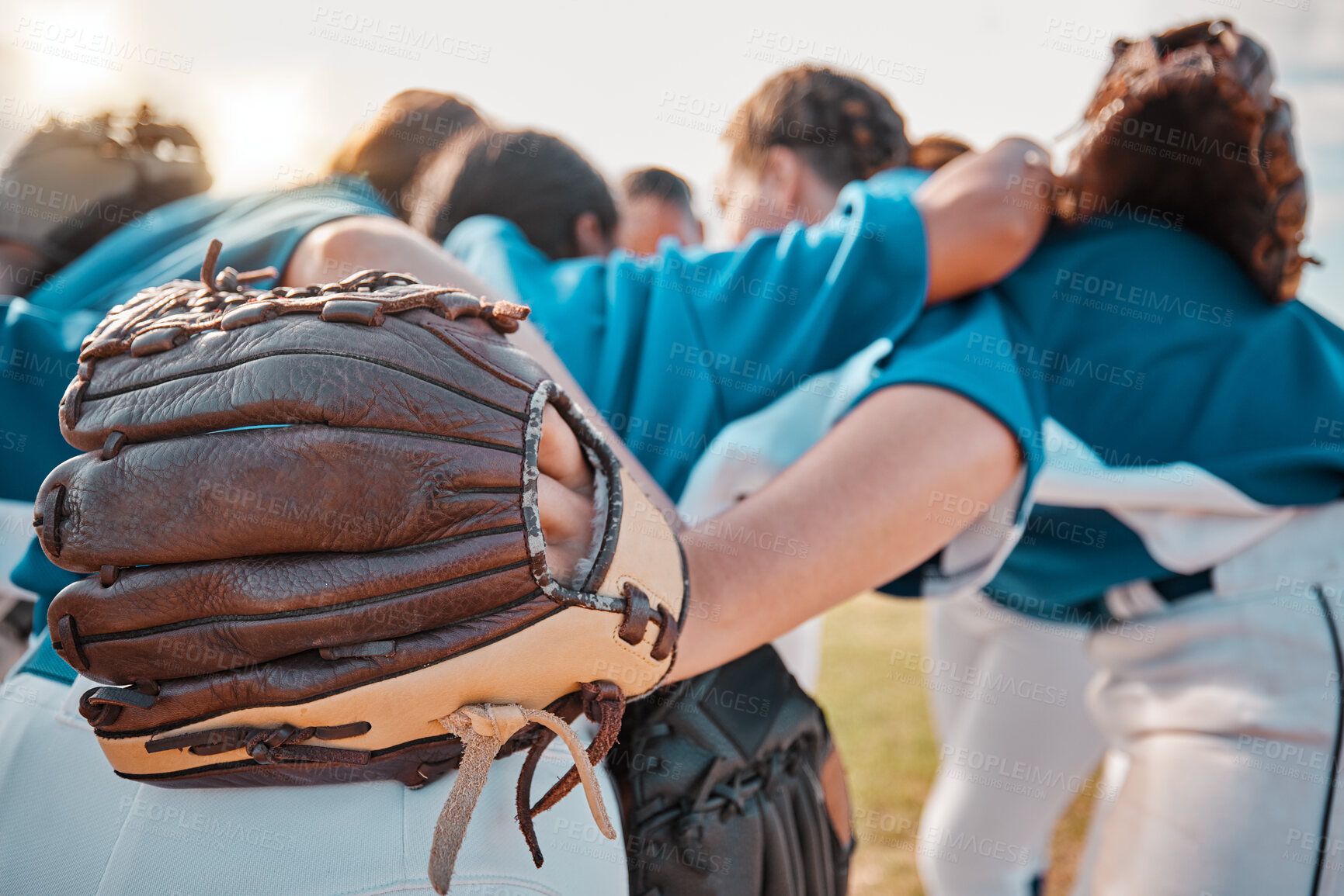 Buy stock photo Baseball people and sport team together for huddle at match game on field for motivational support. Professional girl athlete softball group prepare to play outdoor tournament with strategy talk.