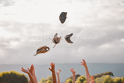 Buy stock photo Team celebrate winning, game of baseball or trophy by throw gloves in air. Softball squad happy for victory in championship or competition together, lift hands to the sky in happiness and celebration