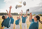 Baseball, team and women celebration, winner and excited after winning a game and throwing gloves in the air. Teamwork, collaboration and support with happy group on teens in a sports club outdoor