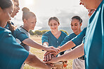 Women support, motivation hands and sports game on field, team collaboration in sport event and diversity for success in competition. Athlete teamwork with trust, solidarity and community at training
