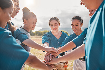 Buy stock photo Women support, baseball hands and sports game on field, team collaboration in sport event and diversity for success in competition. Athlete teamwork with trust, solidarity and community at training