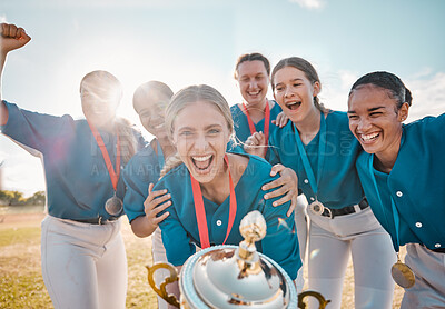 Buy stock photo Winning trophy and team of women in baseball portrait with success, achievement and excited on field with blue sky lens flare. Teamwork motivation and celebration of group of people or sports winner