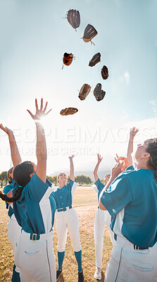 Buy stock photo Winning team, baseball and celebration with women group throwing their gloves in victory and feeling happy after a game or match. Teamwork, softball and success of girls players enjoying a sport