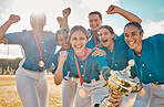 Winner, success and trophy with women baseball team in celebration at park field for sports, teamwork and champion. Achievement, motivation and happy group of players winning sport game together