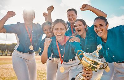 Buy stock photo Winner, success and trophy with women baseball team in celebration at park field for sports, teamwork and champion. Achievement, motivation and happy group of players winning sport game together