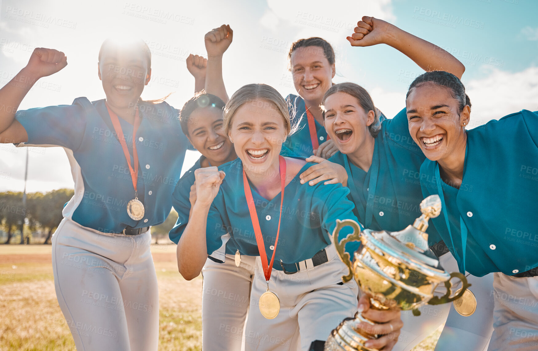 Buy stock photo Winner, success and trophy with women baseball team in celebration at park field for sports, teamwork and champion. Achievement, motivation and happy group of players winning sport game together