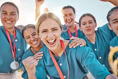 Buy stock photo Winning team, baseball and celebration with women sports group cheering in victory and happy wearing medals after a game or match. Teamwork, softball and success of proud girls players enjoying sport