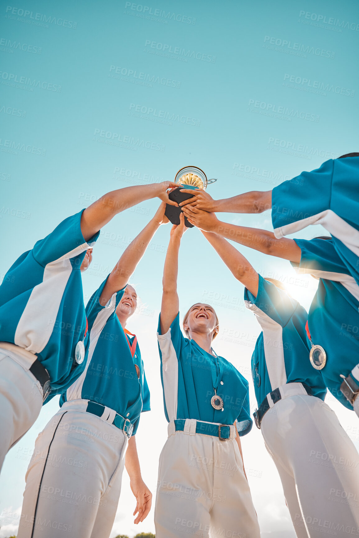Buy stock photo Women baseball, team trophy and winning celebration for success in sports, championship or competition achievement. Happy girl softball players, winner group and excited athletes holding award prize