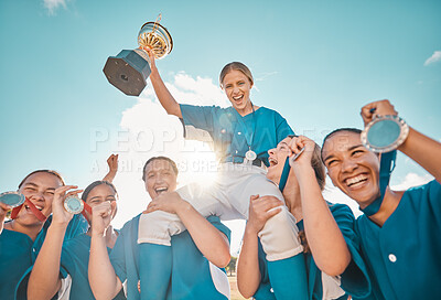Buy stock photo Women trophy, sports game and win for school baseball kids, happy winner in celebration and support for teamwork after sport goal. Portrait of children in success for award in competition in summer