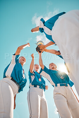 Buy stock photo Sports trophy, team win and women in celebration of team success, softball champion with award and happy with club commitment at sport event. People excited after winning international game in summer