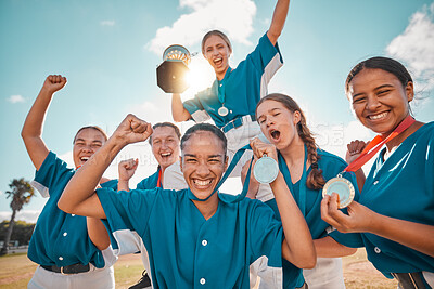 Buy stock photo Women, winner and baseball team winning a trophy award medals after a successful match game together. Smile, teamwork and happy girls on field in celebration of a reward prize in a sports tournament