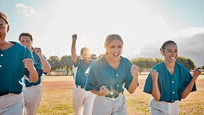 Buy stock photo Happy, baseball women team and winner with success fitness team, winning and celebration together after sports game. Teamwork, smile and softball girls on field celebrating sport tournament victory.