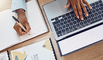 Buy stock photo Writing paper, woman hands and laptop for finance planning, investment and savings in office. Zoom on accounting employee and insurance worker with financial budget for loan and write note in a book