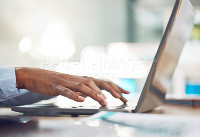 Buy stock photo Hands typing, research and working business woman on a work laptop busy with marketing data. Online planning, web search and internet browsing black female journalist writing email or article on tech