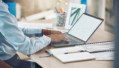 Buy stock photo Business woman hands typing on laptop, research or working on accounting, finance or marketing data. Corporate person, pc tech computer and reading, writing email or planning a budget in the office

