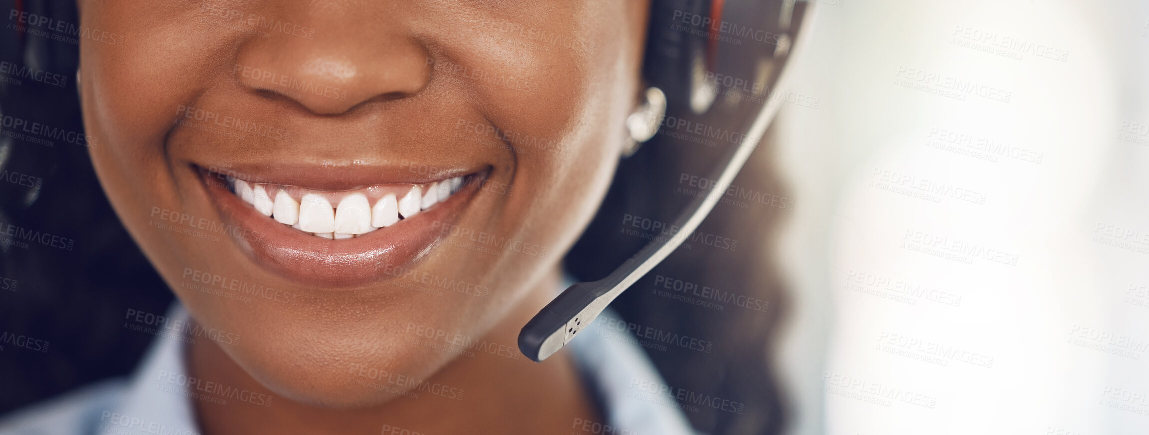 Buy stock photo Telecom, call center and customer support consultant will help you with sales, loan and insurance assistance. Happy, contact us and black woman in headset consulting and helping clients with a smile