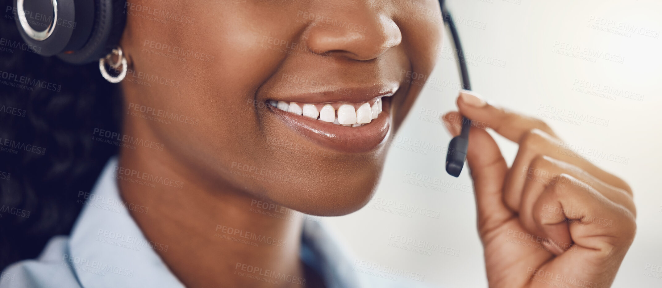 Buy stock photo Smile, call center and mouth of black woman with headphone microphone for telemarketing, communication and customer support. Consultant, receptionist or customer service employee on phone call