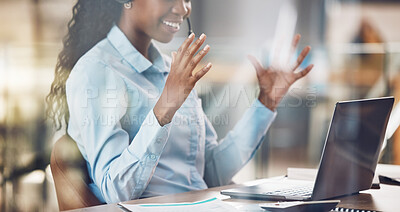 Buy stock photo Success, black woman and call center agent or winner in office with laptop, smiling and happy. Hands, working and business woman at computer with excited expression, sale or deal in workplace