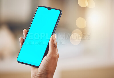 Buy stock photo Hand of woman with green screen mockup phone for digital marketing and advertising. Hand of black social media influencer working as a brand ambassador for a online network app or media platform