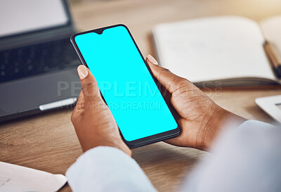 Buy stock photo Phone, green screen and mockup with a blue background on a screen for marketing and advertising. Contact us, wifi and communication for product placement, logo or brand on a cellphone in hands