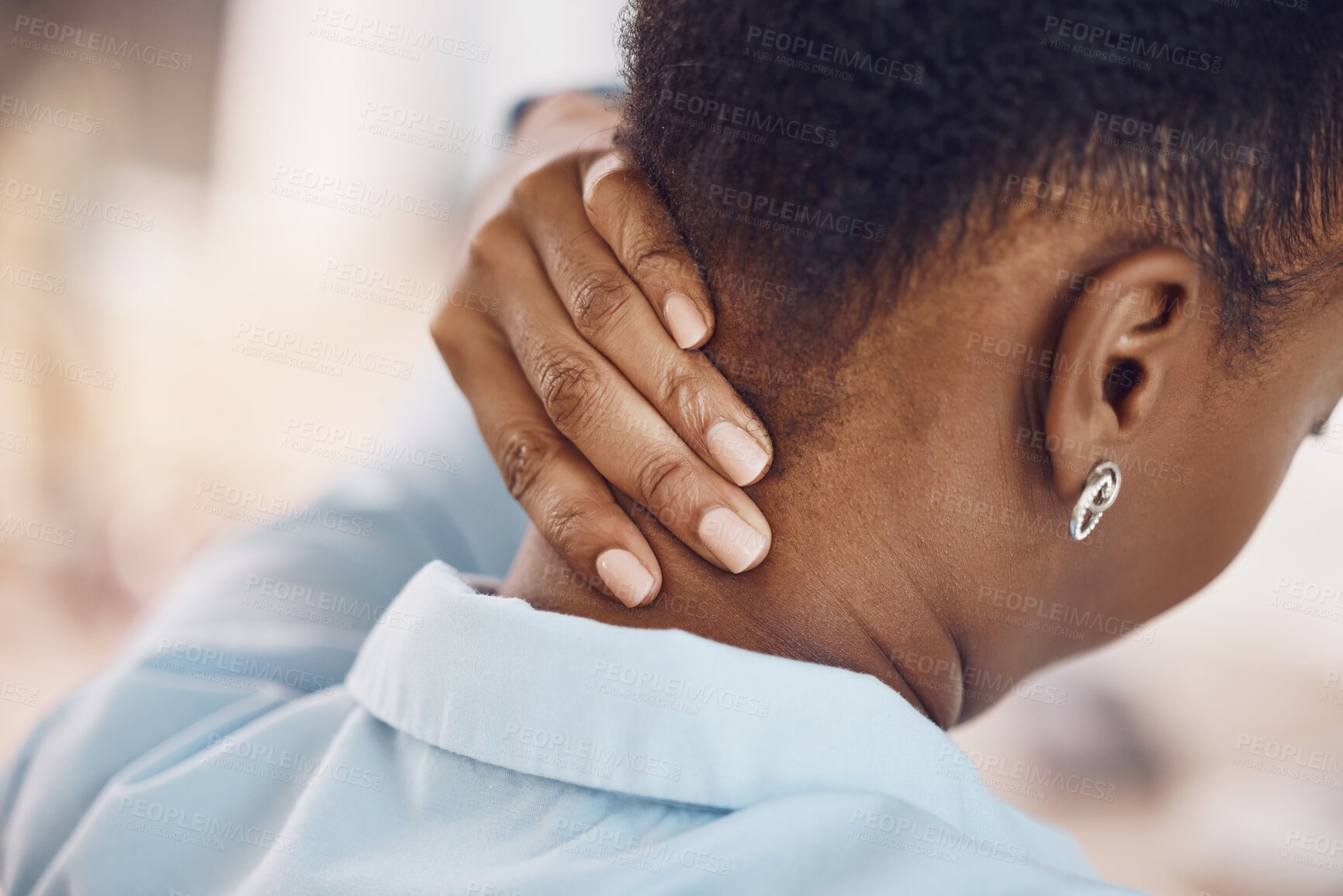Buy stock photo Back pain and black woman hand on neck or with muscle, bone or medical injury from office work posture or burnout. African person with healthcare problem, job stress or tired in corporate workplace