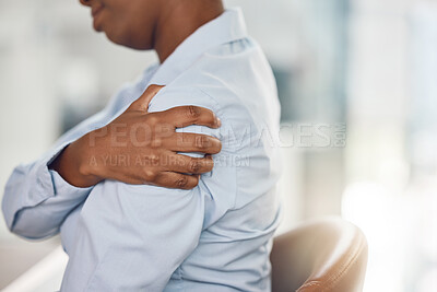 Buy stock photo Black woman, shoulder pain and office injury from stress, burnout and target pressure. Zoom on hand, business worker or employee worried about muscle pressure from furniture chair and working posture