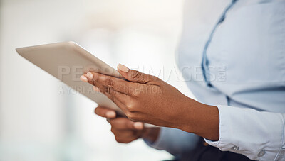 Buy stock photo Hands of business woman working on a tablet analyzing annual company data or information for marketing campaign. Professional black girl with digital mobile tech for research on consumer sales trends
