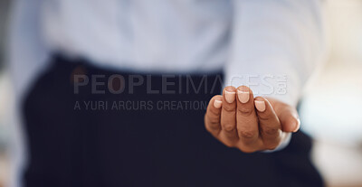 Buy stock photo Hands of business woman offer help, support or assistance for corporate financial marketing or advertising. Crm, professional and palm of finance black woman, worker or employee giving a helping hand