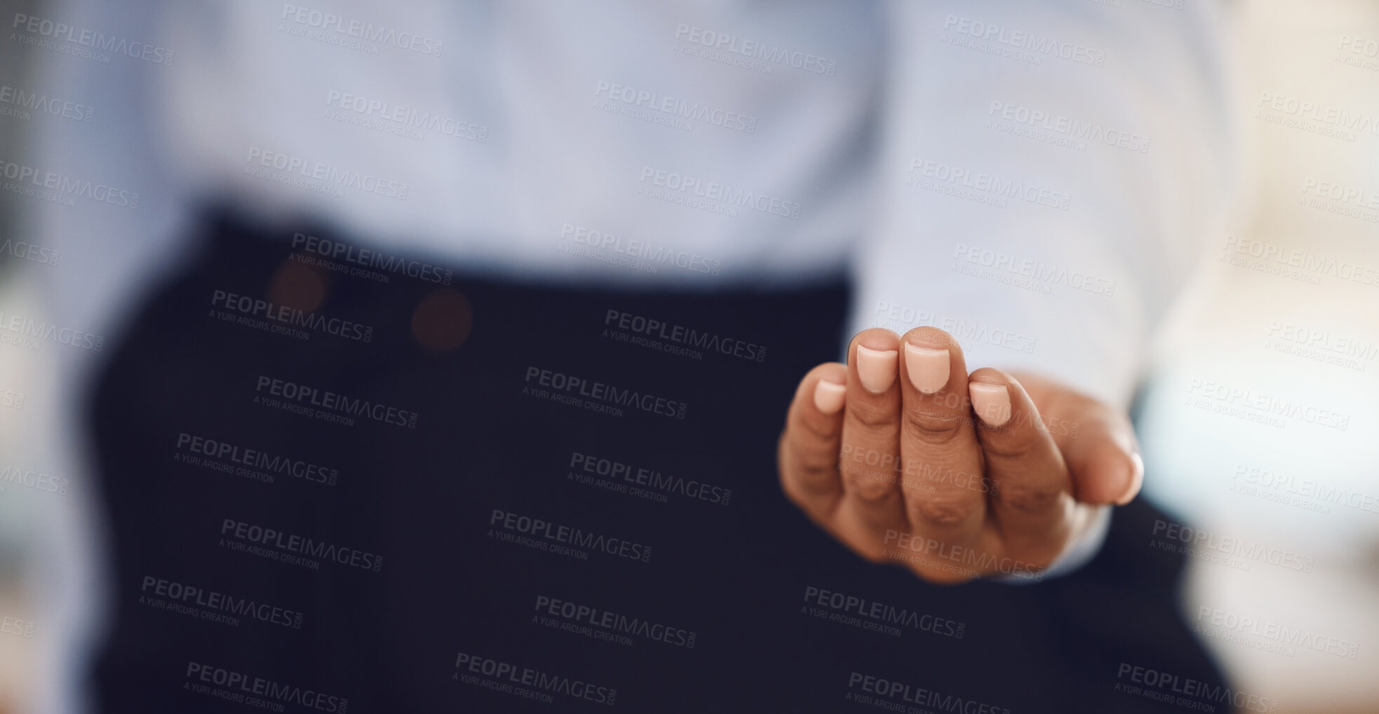 Buy stock photo Hands of business woman offer help, support or assistance for corporate financial marketing or advertising. Crm, professional and palm of finance black woman, worker or employee giving a helping hand