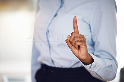 Buy stock photo Black business woman, vote hand with question or volunteer idea in professional career. African person show one finger to offer solution, ask question or help answer response in corporate workplace