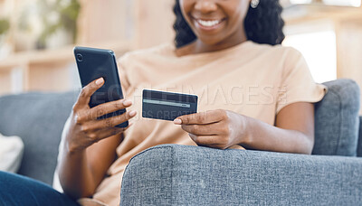 Buy stock photo Black woman, online shopping and ecommerce phone payment on credit card, mobile money and internet finance on home sofa. Closeup of happy african person, cellphone banking and easy fintech technology