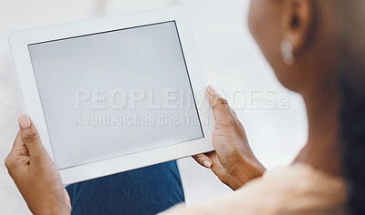 Buy stock photo Hands and mockup of tablet with black woman on social media, online shopping and search the internet. Ecommerce, working or payment, work online or communication in ux app, tech and surfing the web