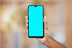 Smartphone technology and woman hands with green screen for ui design and marketing cellular app. Person with modern cellphone gadget for online communication with mockup for advertising.