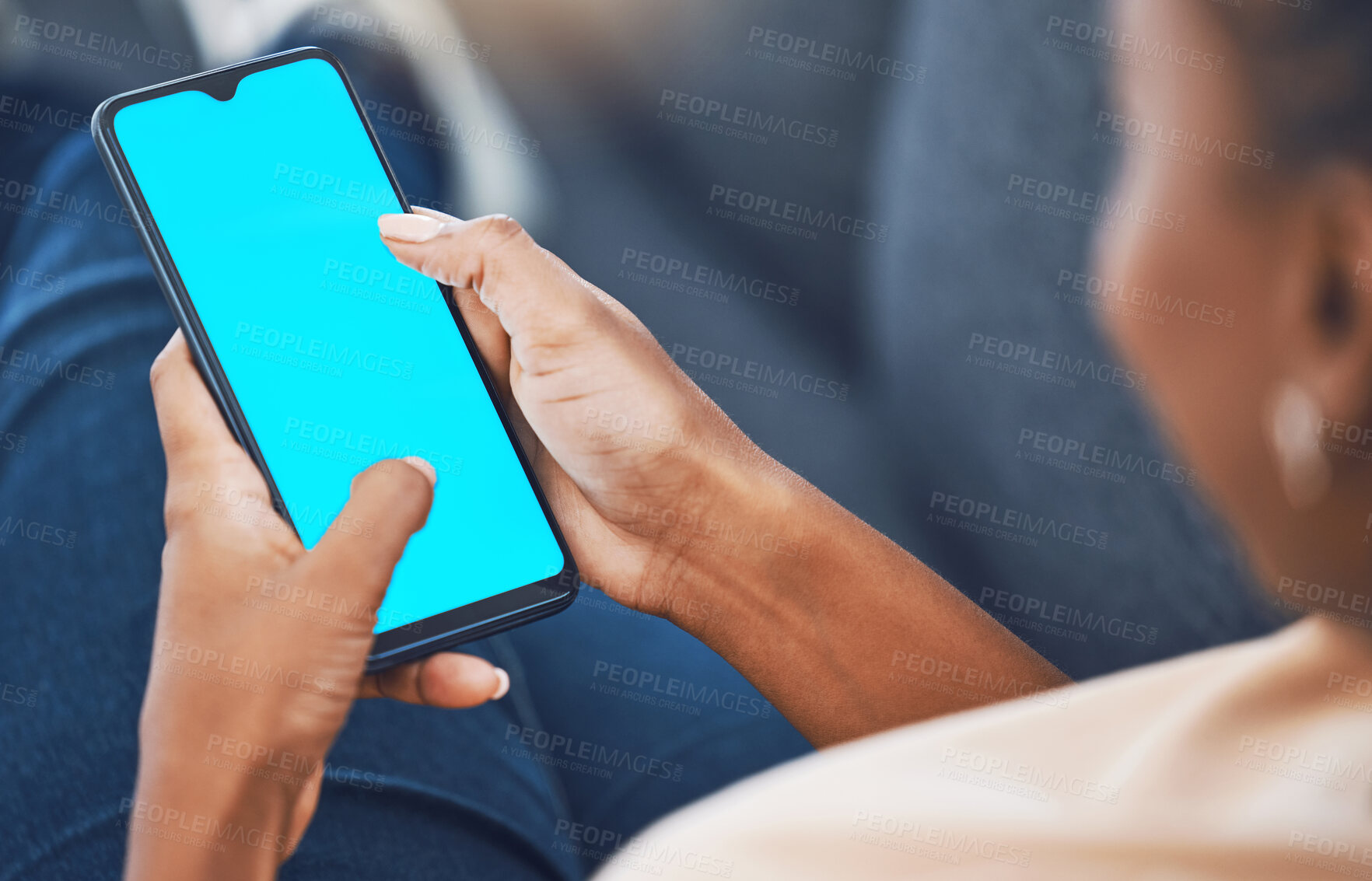 Buy stock photo Black woman, hands and phone with green screen mockup for marketing, branding and advertising. African female hand on mobile technology with blank display for social media, texting and message or app