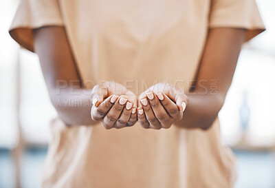 Buy stock photo Black woman with hands out for charity, donation or help with kindness or respect. Palms open to ask, give or receive hope or support in poverty, hunger or helping with empowerment for women in need 