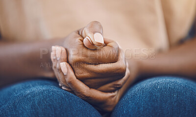 Buy stock photo Stress, scared and sad black woman hands with difficult crisis problem of fear, grief and loss from mistake or risk. Sorry, worry and fail girl with anxiety or person in emotional pain from despair