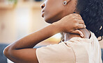 Black woman, hand and neck pain from stress, anxiety and burnout in house living room or home interior lounge. Zoom on healthcare, medical and wellness injury from anatomy accident or muscle pressure