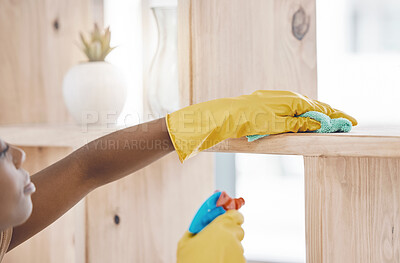 Buy stock photo Woman cleaning and home wood dust detergent bottle for shelf furniture spring clean hygiene. Black girl busy with housekeeping routine of dusting with cloth for tidy lifestyle and house.
