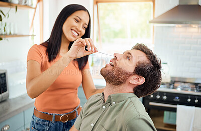 Buy stock photo Covid, sick and couple doing pcr test in home kitchen for healthcare compliance, wellness and safety together with easy check. Care, love and support people with corona virus nose inspection  