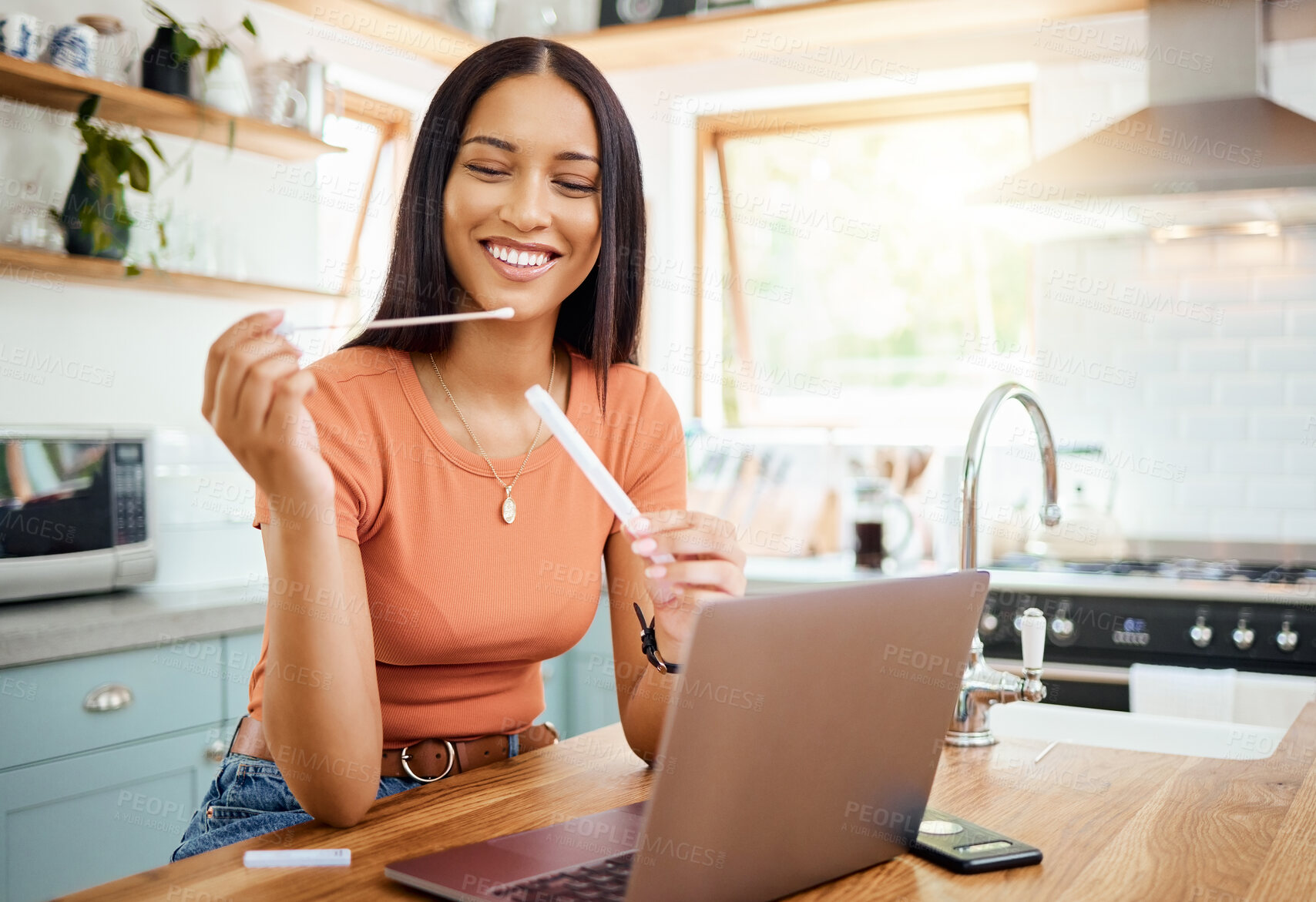 Buy stock photo Home covid test, woman at table check healthcare and digital innovation technology. Online telehealth patient with medical pcr kit in hand, happy smile with rapid antigen and corona virus infection