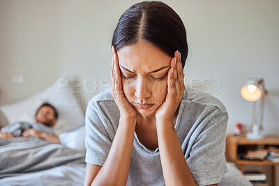 Buy stock photo Woman, insomnia or headache pain on bed from stress, burnout or health fatigue problem at night in home bedroom. Indian girl tired, sick and suffering from head migraine, tension or temple injury