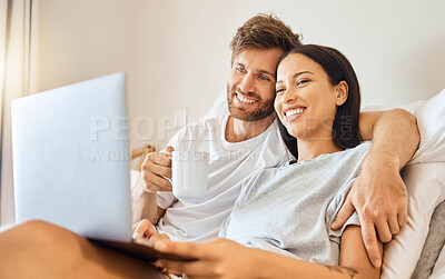 Buy stock photo Love, couple and laptop with a man and woman streaming series or a subscription service online in their home. Internet, movies and series with a young boyfriend and girlfriend in their house together