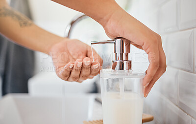 Buy stock photo Hand washing, hygiene and soap dispenser with woman in bathroom rinsing with water for corona virus, germs or bacteria prevention. Closeup hands for cleanliness, self care and clean habits for health
